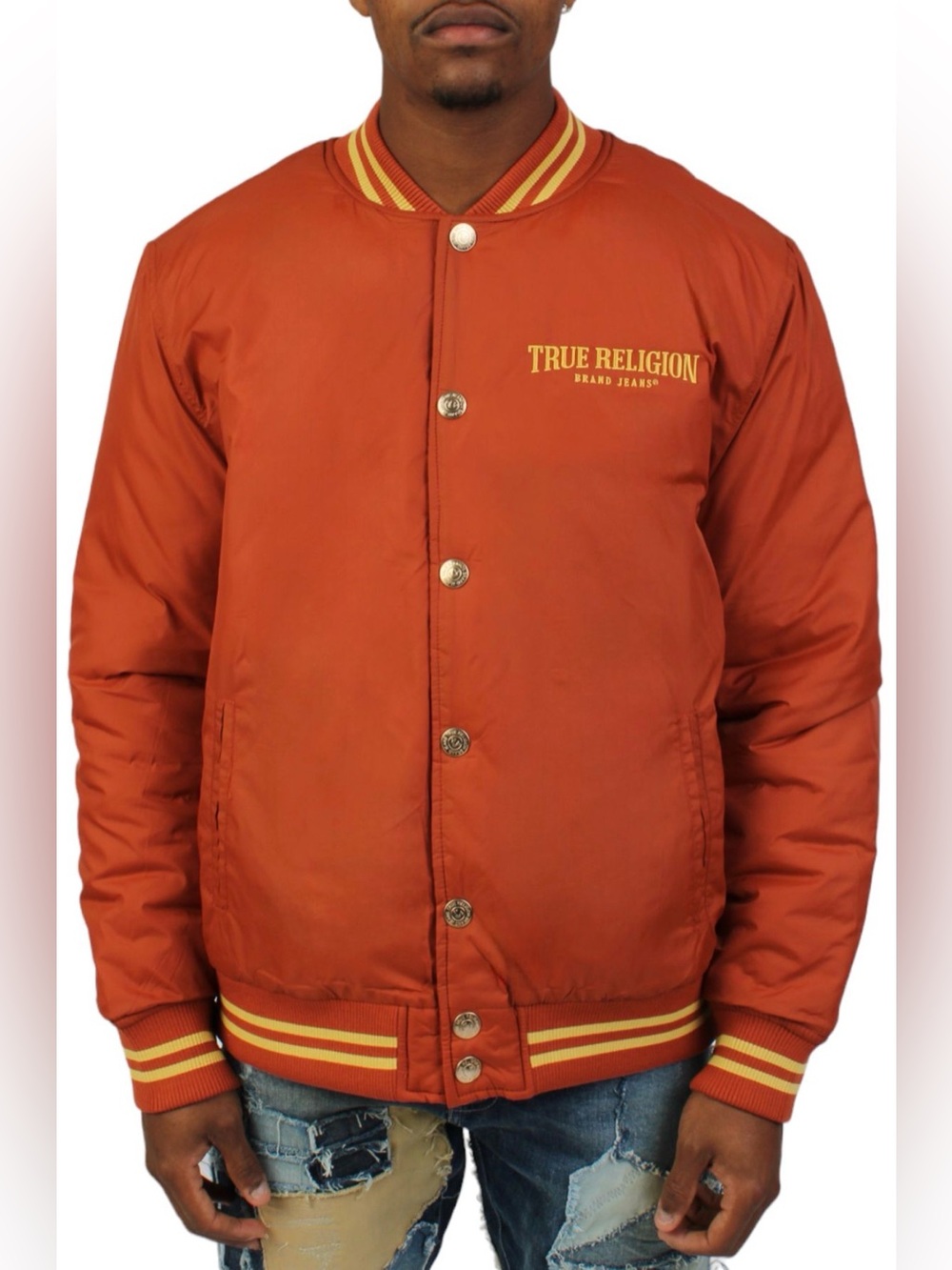 True Religion Arched TR Bomber Jacket in the Picante brown colorway